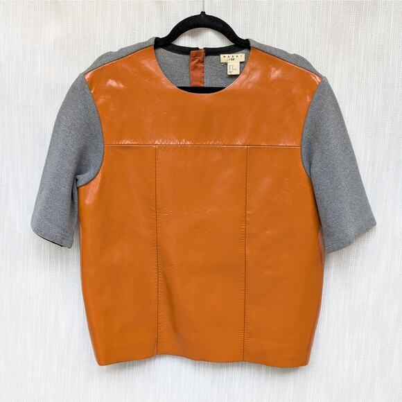Marni x H&M Orange Patent Leather Cotton Shirt Short Sleeve Top, size 10 - Picture 1 of 8